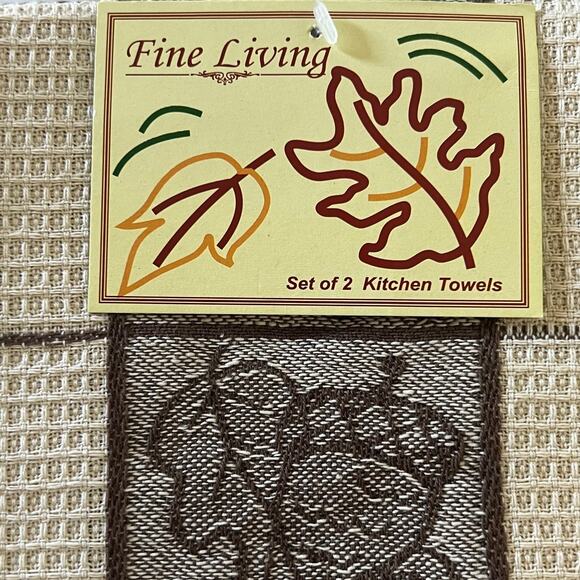 Fine Living Kitchen Towels Set of 2 100% Cotton Brown Fall Leaves Waffle Weave - Picture 3 of 4